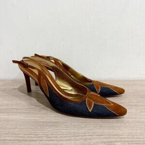 Dolce & Gabbana Blue Denim & Brown Suede Pointed Toe Slingback Pump EU 38.5